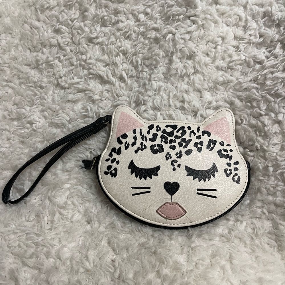 Betsey Johnson Cat Face leopard print Wristlet white,pink and black.
